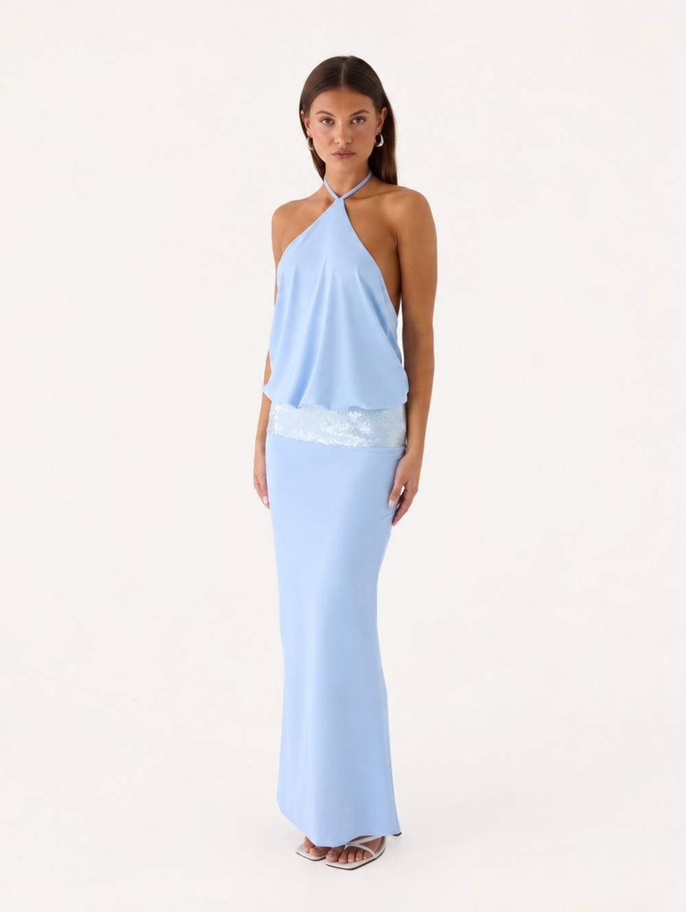 Peppermayo Marcie Halter Maxi Dress Powder Blue Sequin Open Back Size 4 NWT